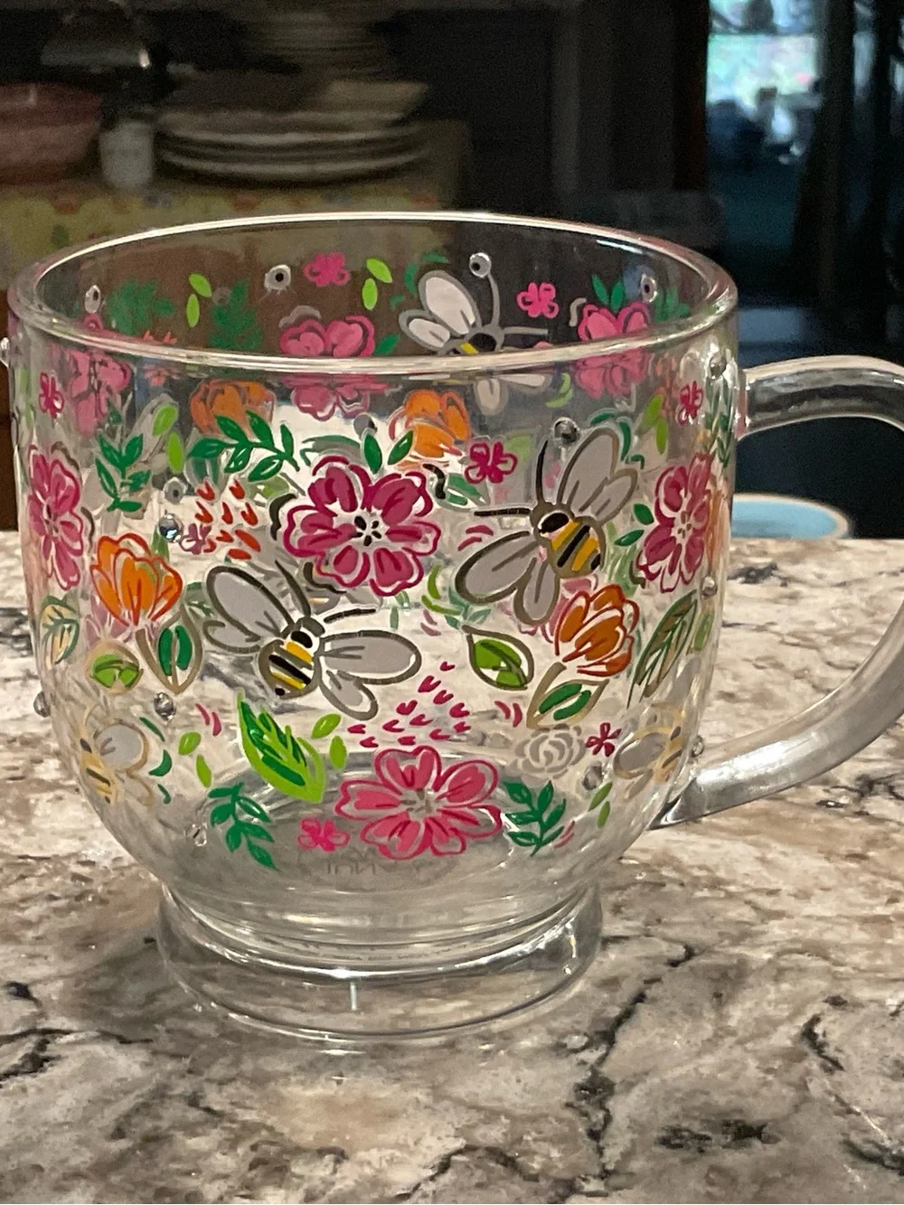 BP-HAND-PAINTED-LUNA &SAGE GLASS BUMBLE BEE-FLORAL GLASS MUG